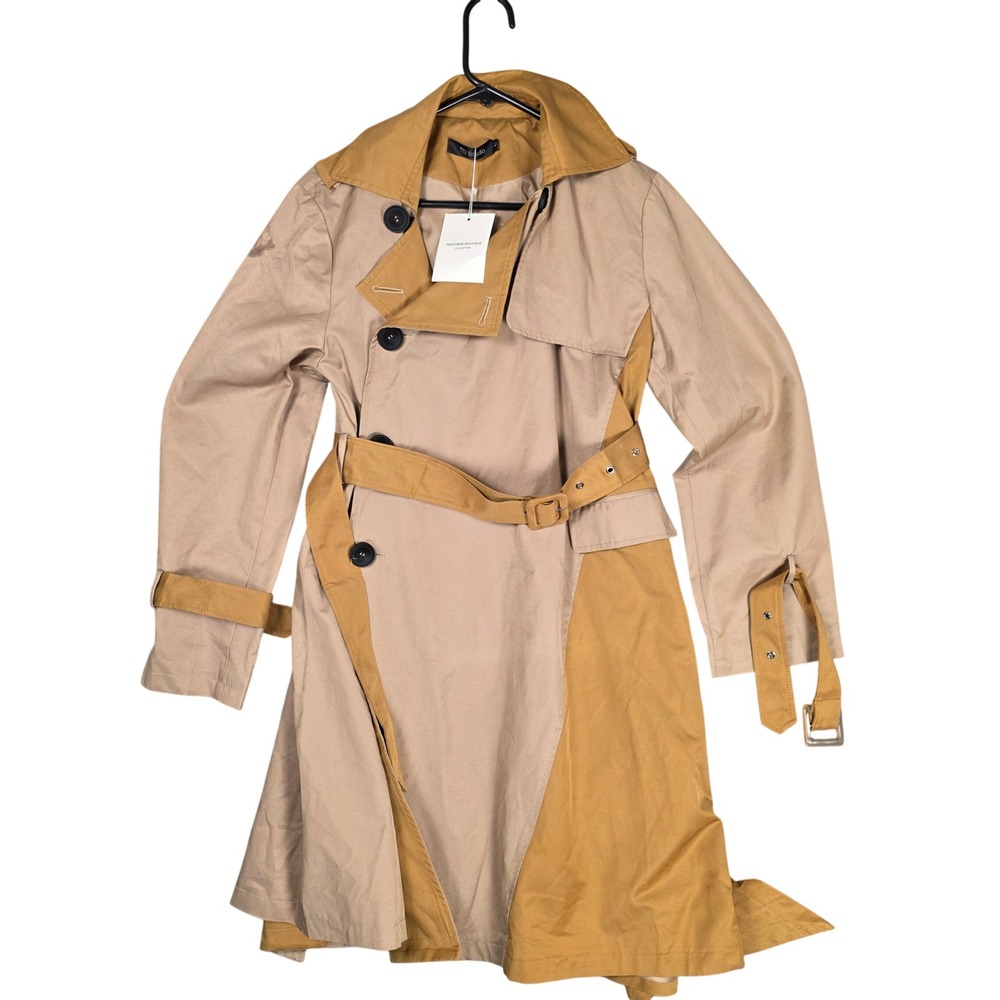 Boutique Color Block Trench Coat Single Abstract Breasted Button Up Women L Tan